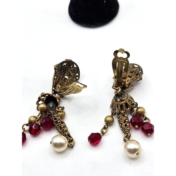 M. Haskell Attributed Unsigned Gold Filigree Dangle Clip Earrings 1940s 2.5 inch - Picture 4 of 7